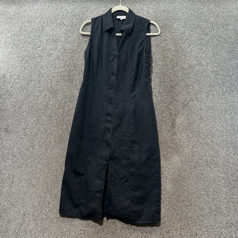 Gerard Darel Black 100% Linen Sleeveless Side Lace Up Midi Shirt Dress FR 38 US6